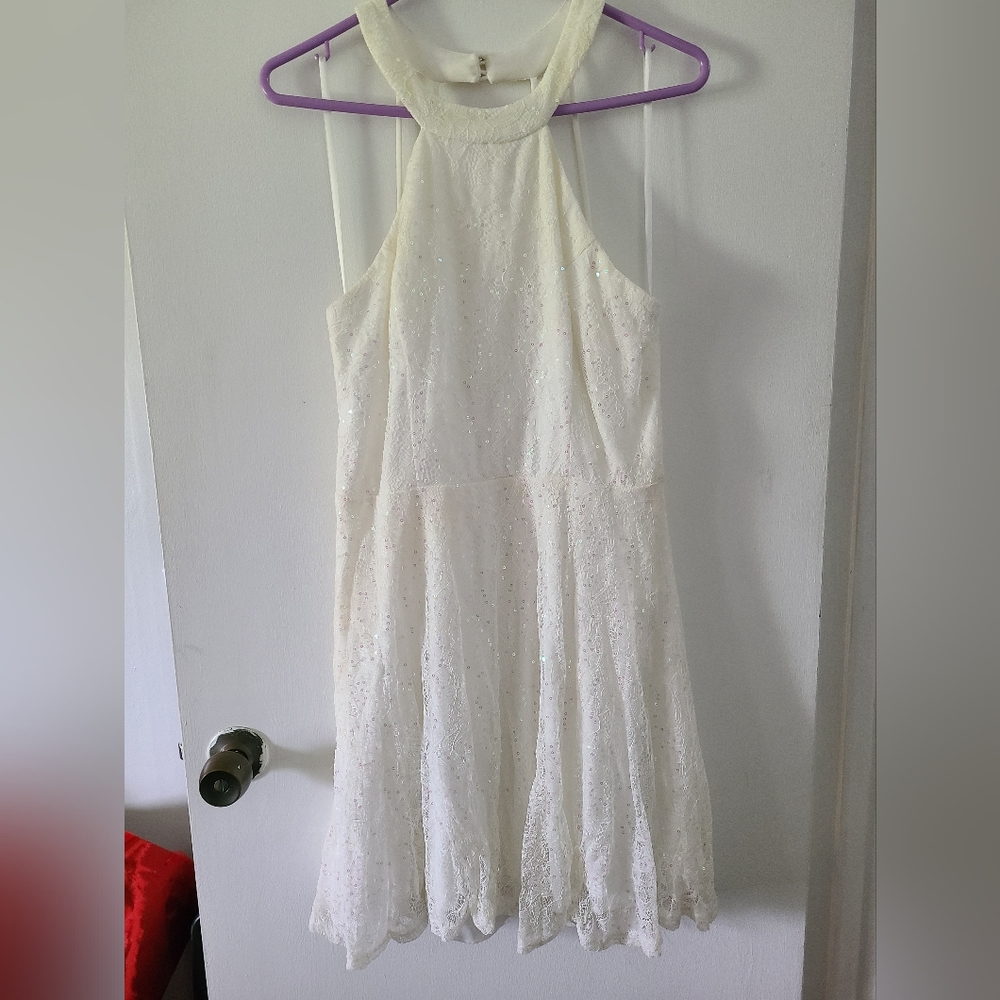 B Darlin white lacy cocktail dress with iridescent sequins
